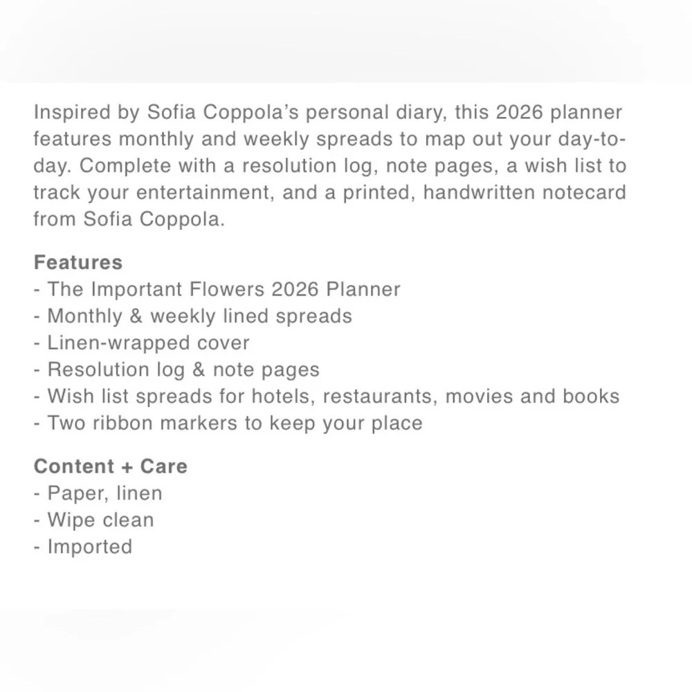 New Sofia Coppola Important Flowers 2026 Monthly Weekly Planner w/signature card - Picture 11 of 12